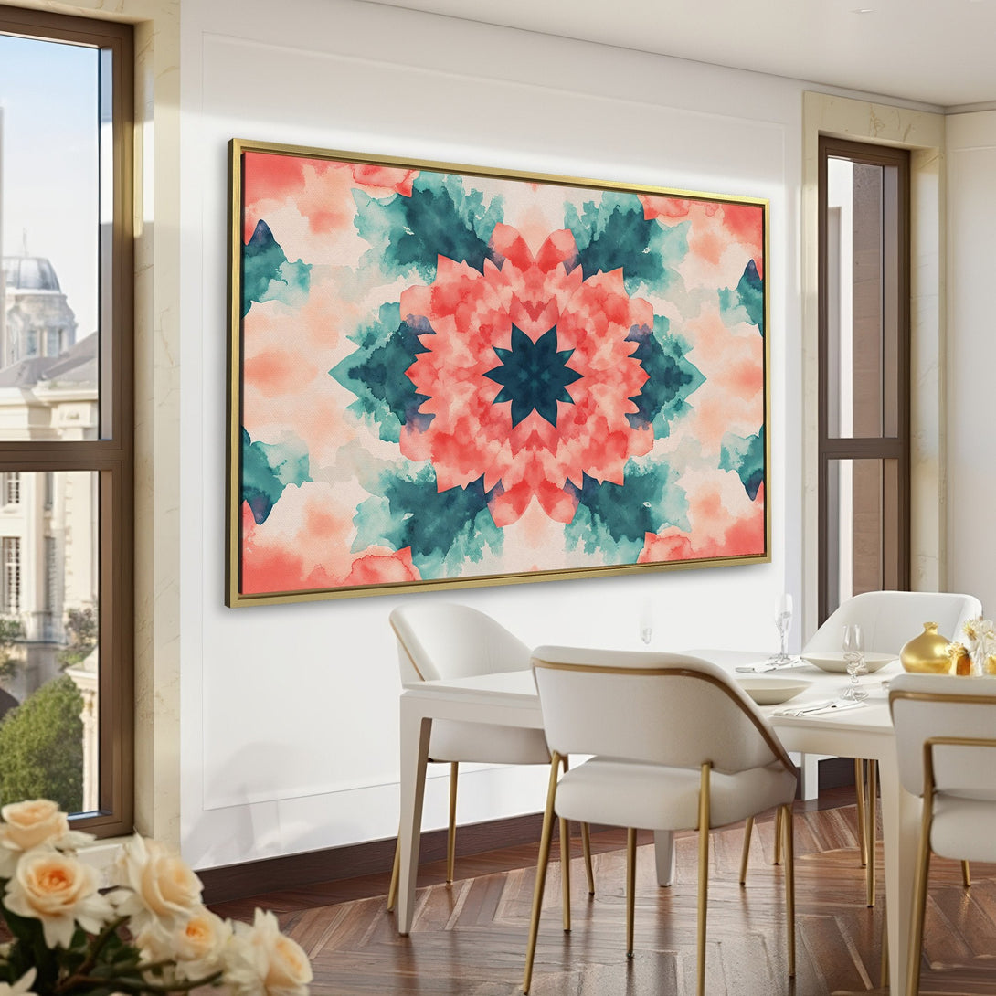 Canvas Print featuring a vibrant watercolor floral design in coral, teal, and blush tones. Perfect for adding artistic flair to your home decor.