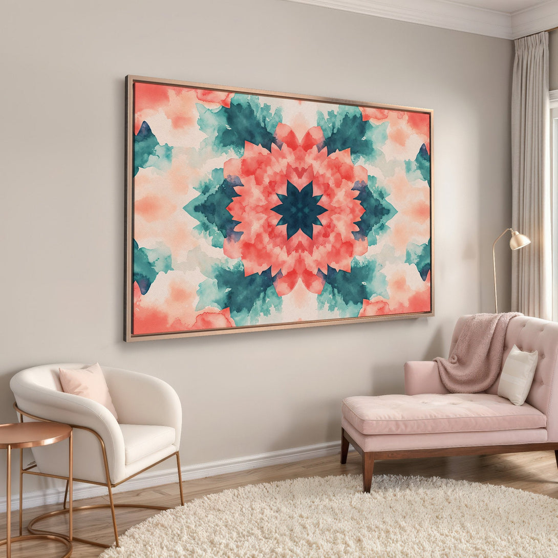 Framed Wall Art featuring a vibrant watercolor floral design in coral, teal, and blush tones. Modern abstract Canvas Print adds a pop of color to any room.