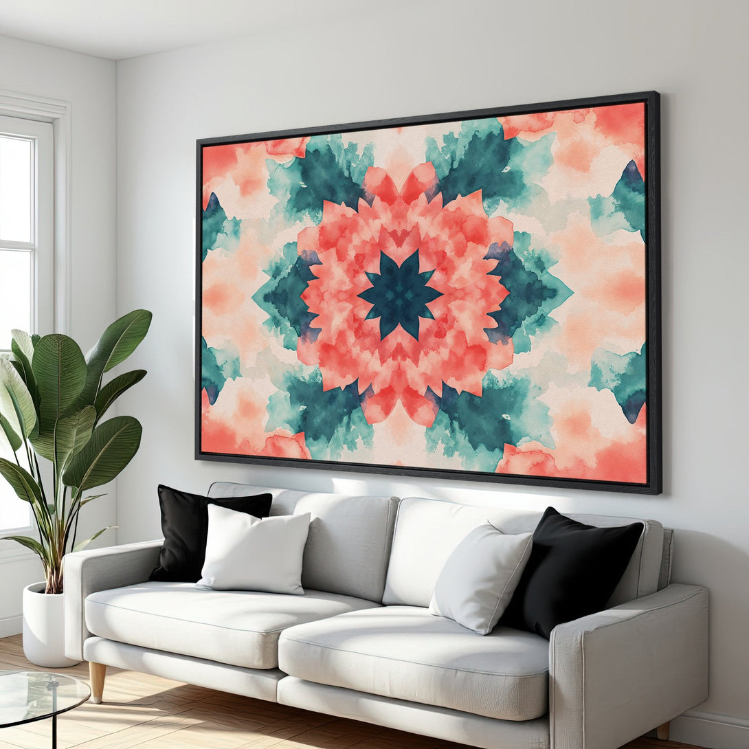 Framed Wall Art: Abstract watercolor floral print in coral, teal, and blush tones. Modern art for living room decor. Add a pop of color with this canvas print!