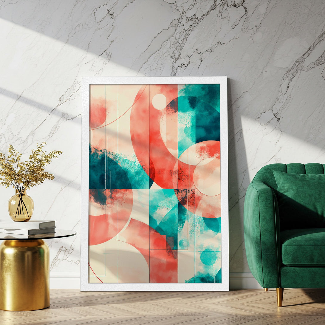Framed Poster featuring abstract art in teal and coral hues. Modern style art print to elevate your home decor.