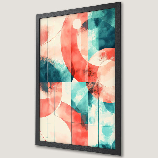 Framed Poster featuring abstract watercolor art with red, teal, and cream color palette. Modern wall decor for your home.
