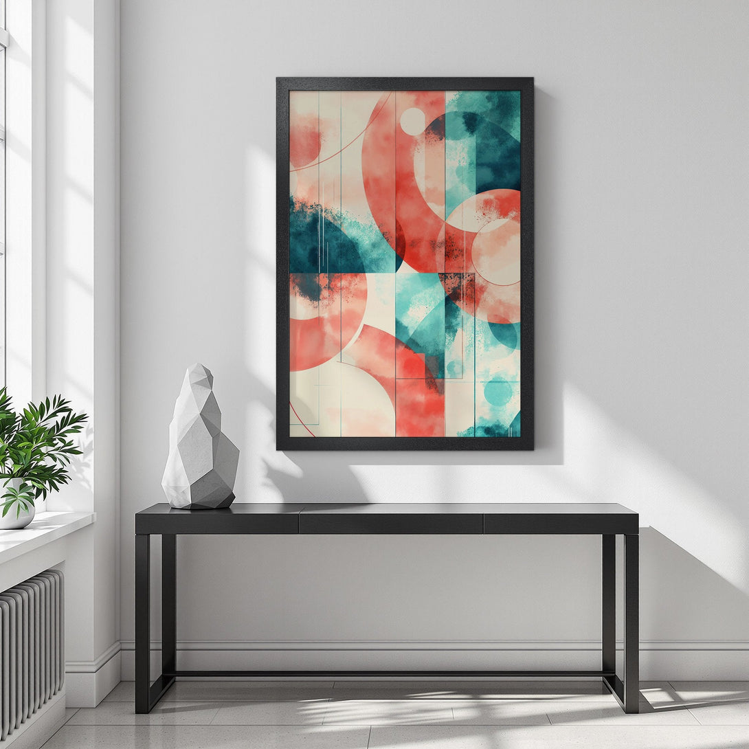 Framed Poster featuring abstract geometric art in teal, coral, and cream. Modern art for home decor.