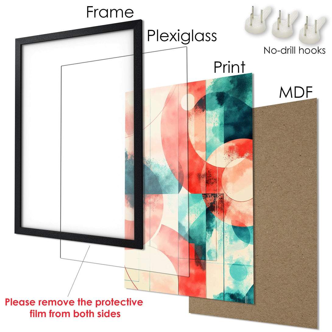 Framed Poster with abstract art in teal, coral, and cream. Modern wall art for your home.