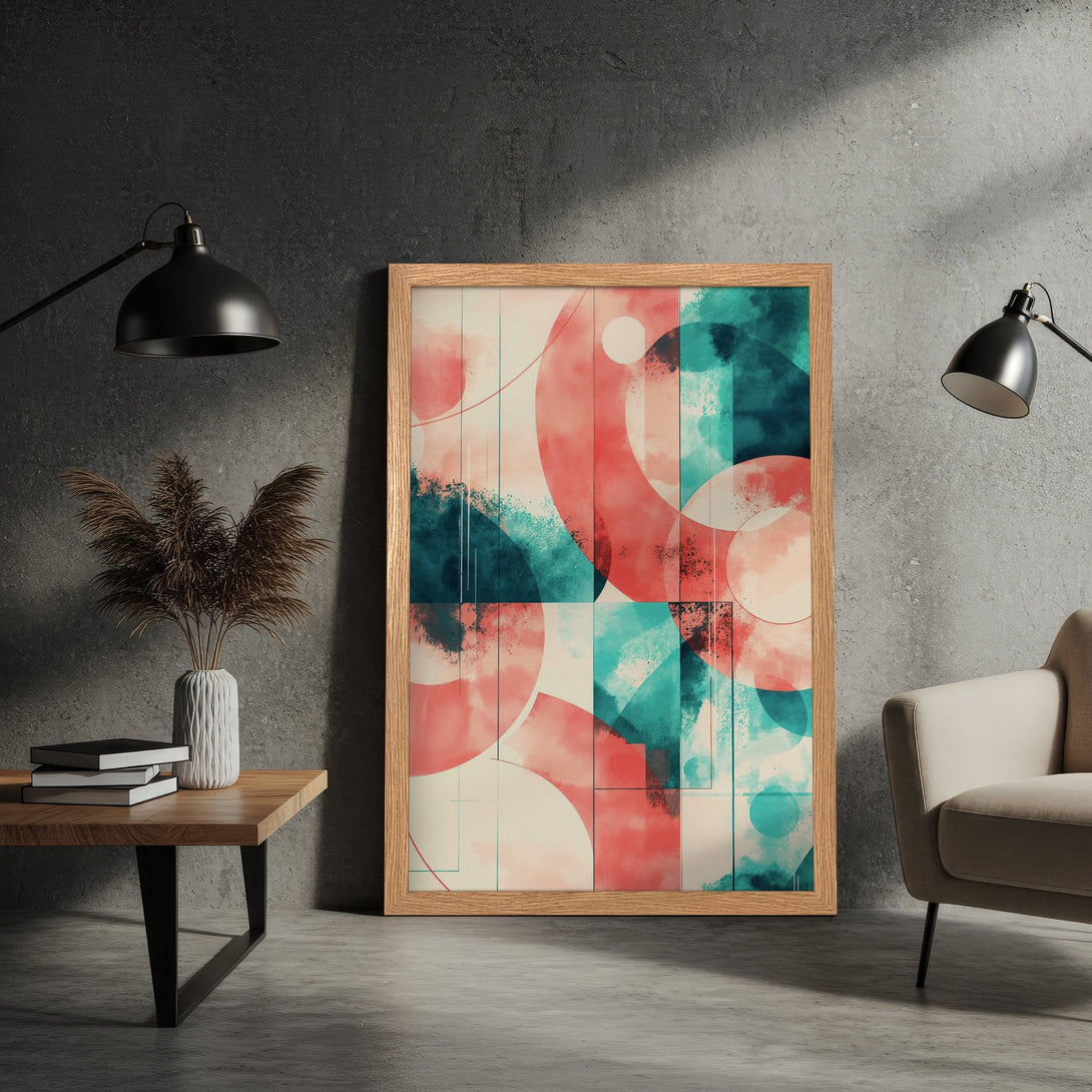 Framed Poster with abstract geometric art in teal, coral, and cream. Modern wall art for home decor.