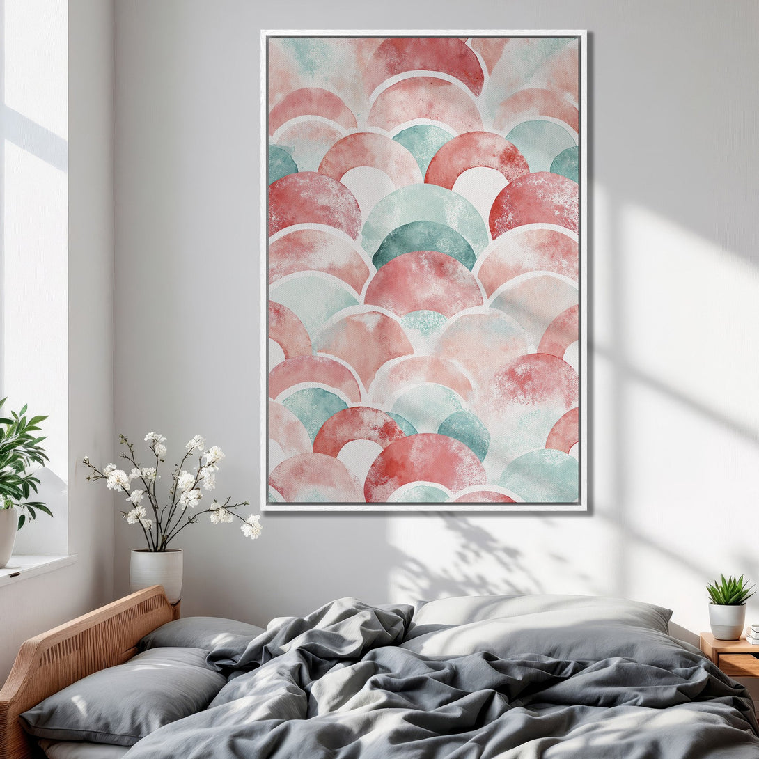 Framed Wall Art featuring a watercolor abstract design in a soothing palette of pink, teal, and white. Perfect for adding a touch of elegance to any room.