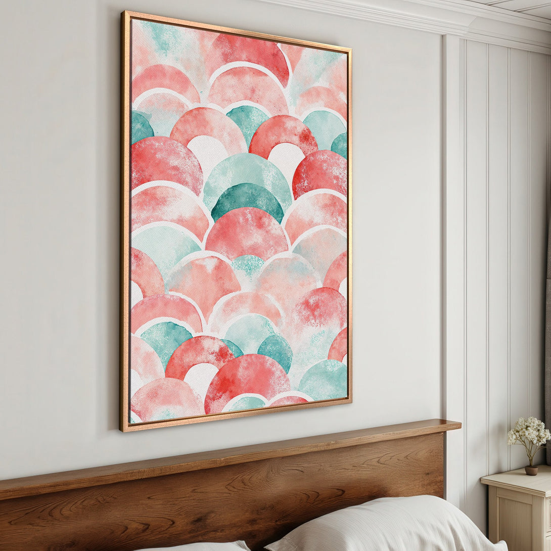 Framed Wall Art featuring a watercolor abstract pattern in coral and teal. Modern art for home decor, perfect for bedroom or living room.