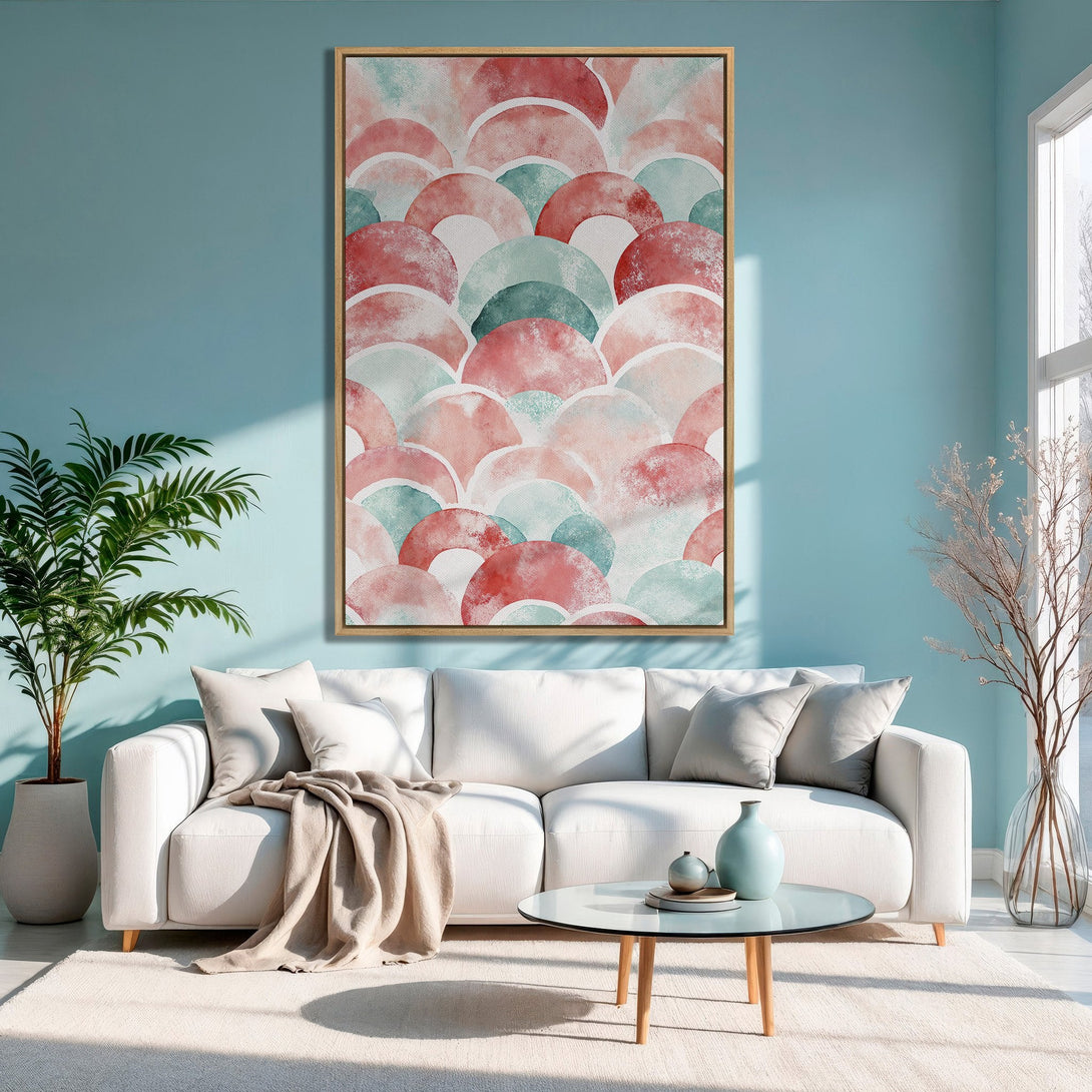 Framed Wall Art featuring abstract watercolor design in pink, red, and teal. Adds a pop of color to any living room. Shop now!