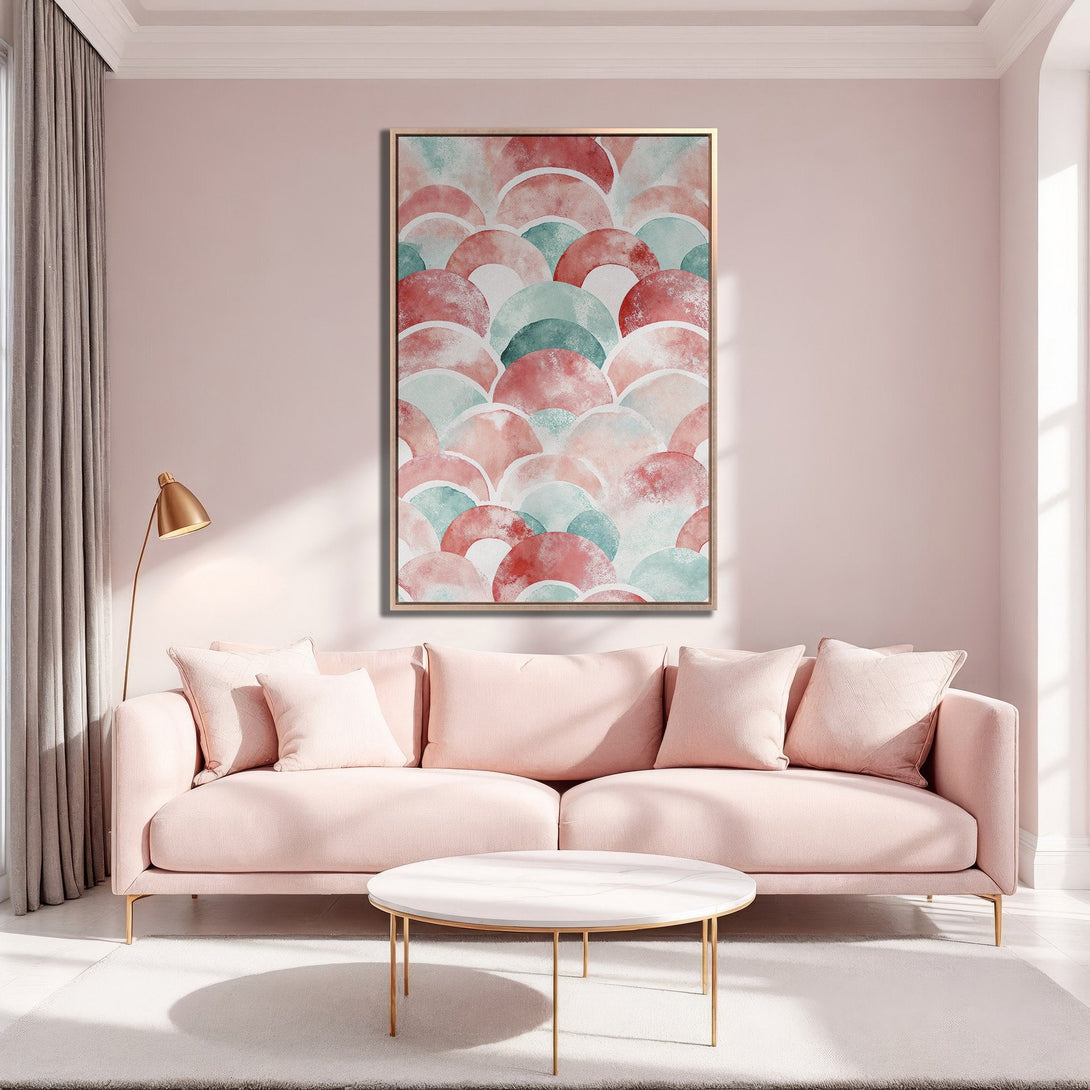 Framed Wall Art featuring an abstract watercolor design in a soft pink, teal, and red palette. Perfect for adding a touch of modern elegance to your living space.