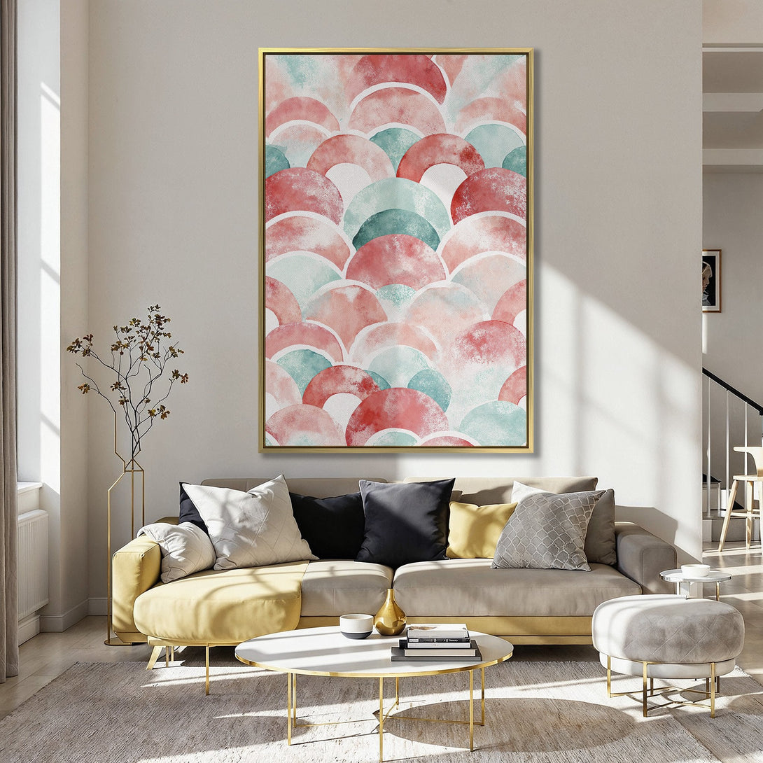 Canvas Print featuring a watercolor abstract pattern in red, pink, and teal, perfect for adding a pop of color to any room.
