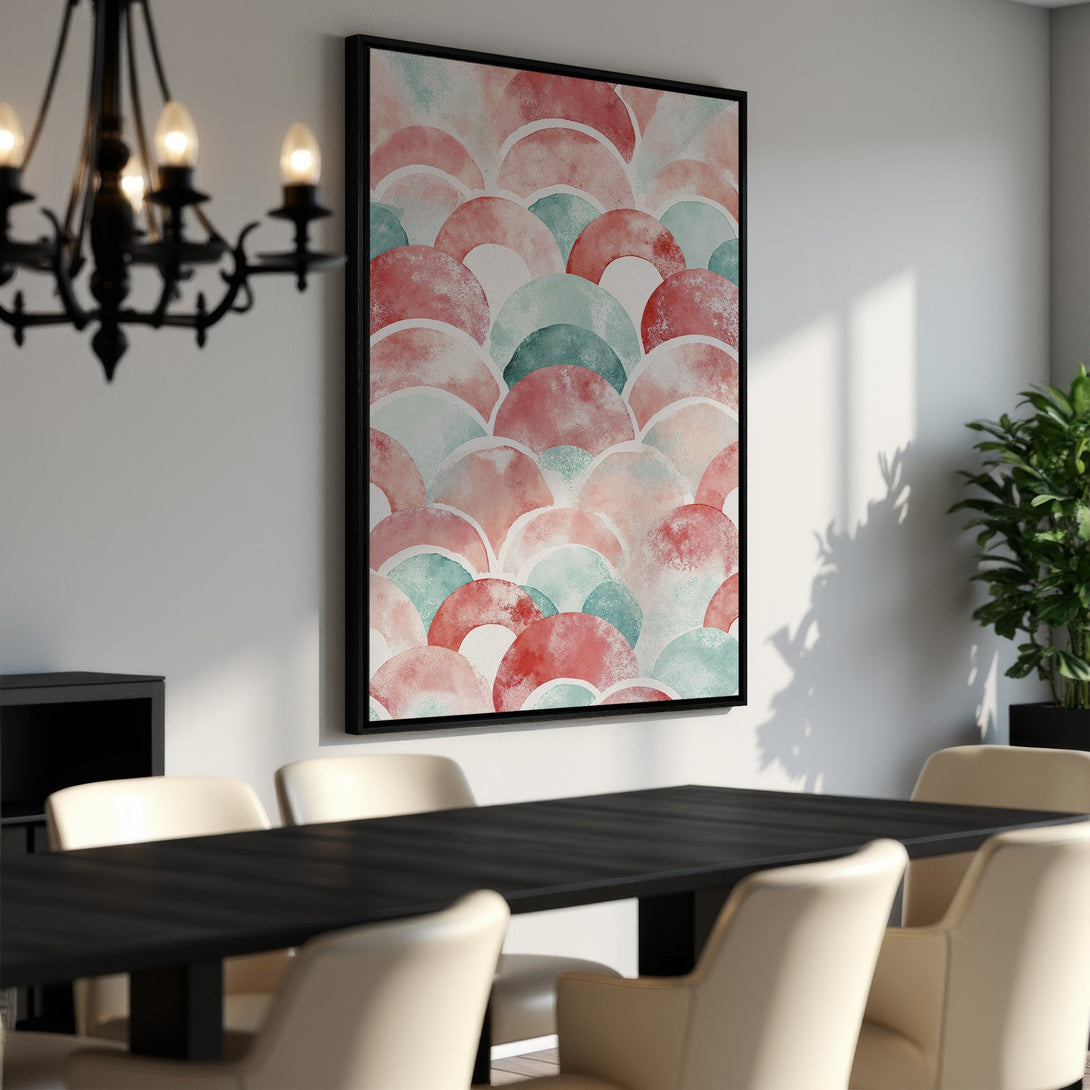 Framed Wall Art featuring a watercolor abstract pattern in coral and teal hues. Modern art for dining room decor.