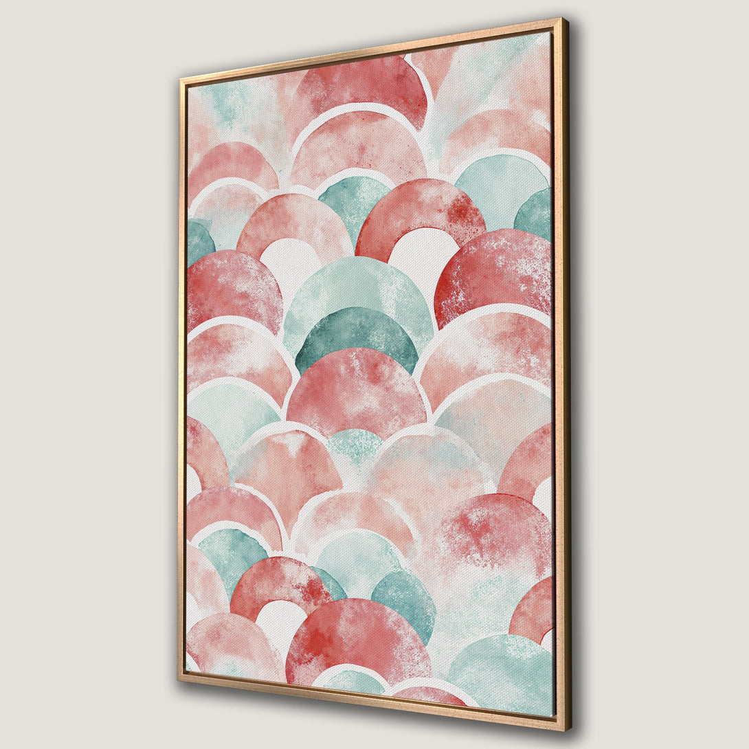 Framed Wall Art featuring a watercolor abstract pattern in a calming palette of coral, teal, and white. Perfect for adding a touch of modern art to your space.