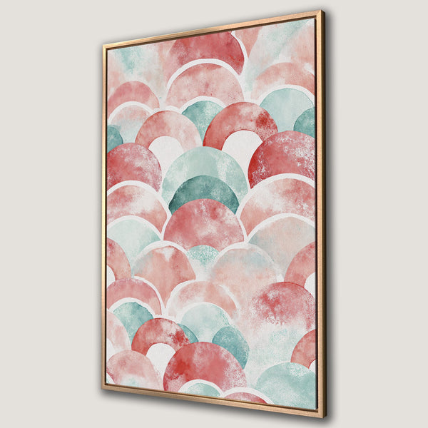 Framed Wall Art featuring a watercolor abstract pattern in a calming palette of coral, teal, and white. Perfect for adding a touch of modern art to your space.