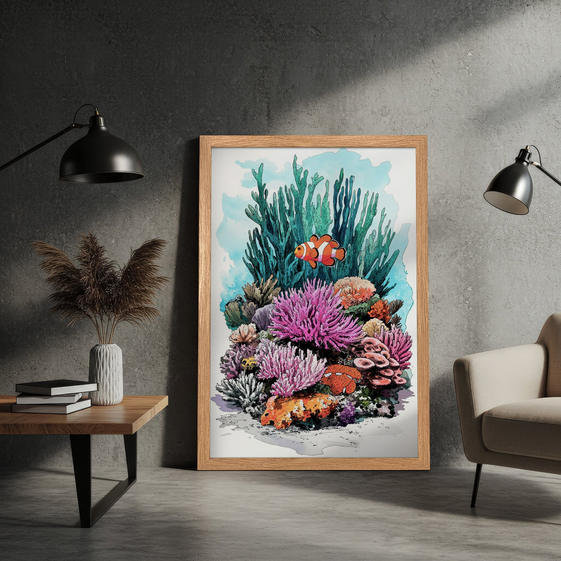 Framed Poster featuring a vibrant watercolor coral reef scene. Colorful artwork with a palette of teal, pink, and orange. Perfect wall art!