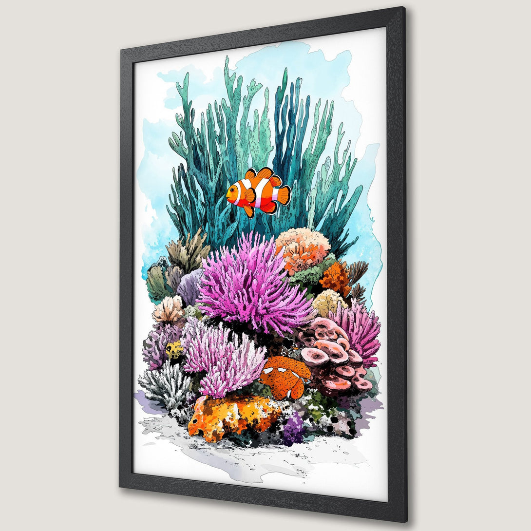 Framed Poster featuring a vibrant watercolor coral reef scene with clownfish. Beautiful artwork in pinks, oranges, and blues. Perfect wall decor!
