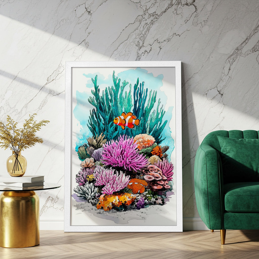 Framed Poster featuring a vibrant watercolor coral reef with clownfish. Stunning teal, pink, and orange color palette. Perfect wall art!