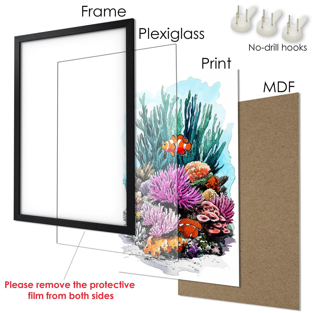 Framed Poster featuring a vibrant watercolor reef scene. Colorful coral & clownfish in a blue, green, orange, and pink palette. Perfect wall art!