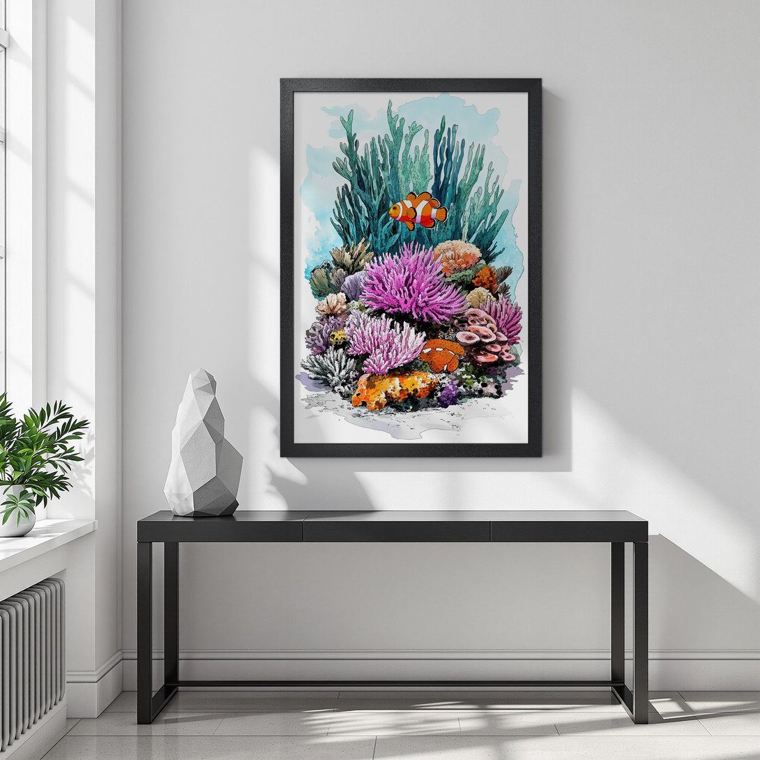 Framed Poster featuring a vibrant watercolor coral reef scene with clownfish. Beautiful blues, greens, pinks, and oranges. Perfect wall art!