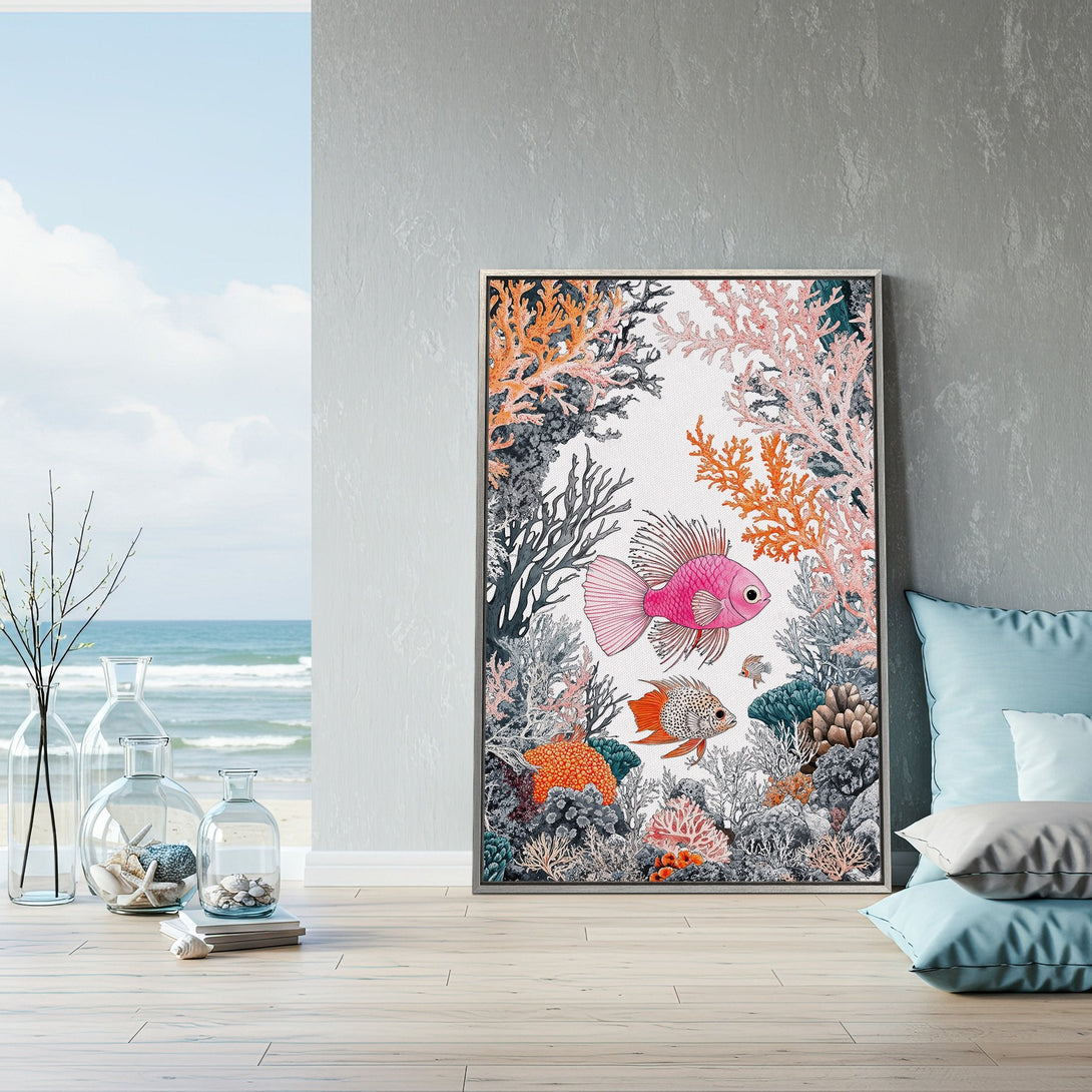 Framed Wall Art featuring colorful fish and coral reef art in a coastal style. Adds a pop of pink, orange, and blue to any space.