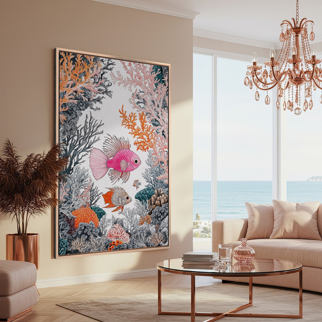 Framed Wall Art featuring a vibrant coral reef and fish illustration in a coastal-inspired living room. Warm, inviting color palette with pinks, oranges, and blues.
