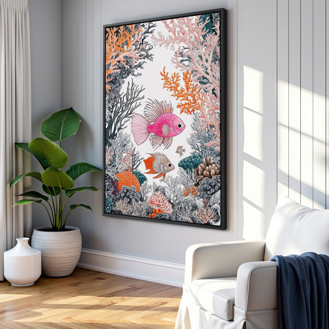 Framed Wall Art: Whimsical fish and coral reef illustration in a coastal style. Features a vibrant pink, orange, and blue color palette. Perfect for adding a pop of color!