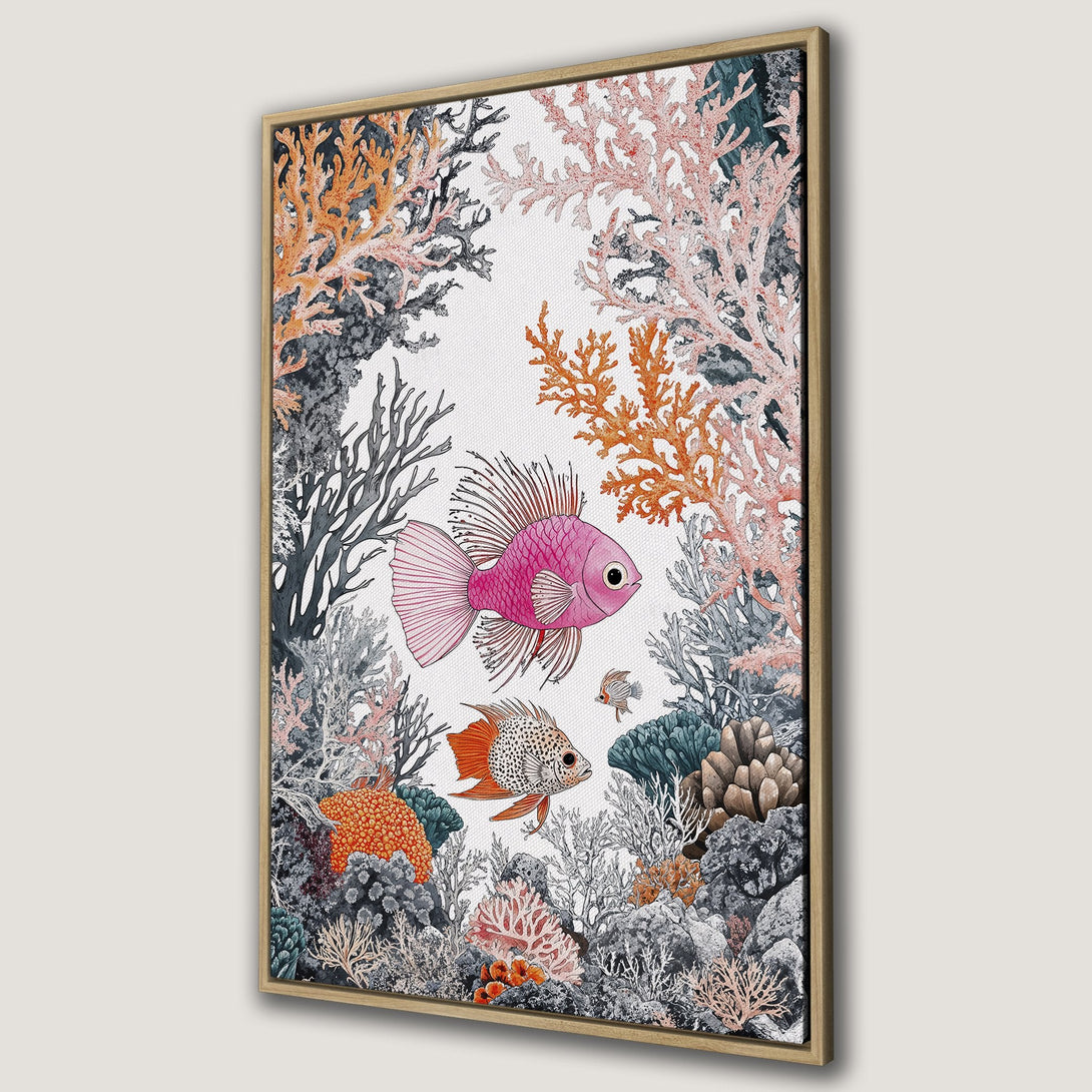 Framed Wall Art featuring colorful fish and coral reef illustration. Coastal decor in pink, orange, and gray tones. Perfect for adding a touch of the ocean to your home.