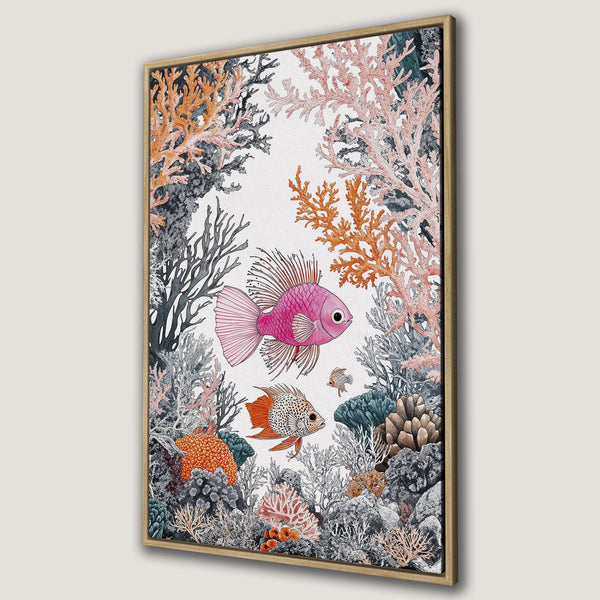 Framed Wall Art featuring colorful fish and coral reef illustration. Coastal decor in pink, orange, and gray tones. Perfect for adding a touch of the ocean to your home.