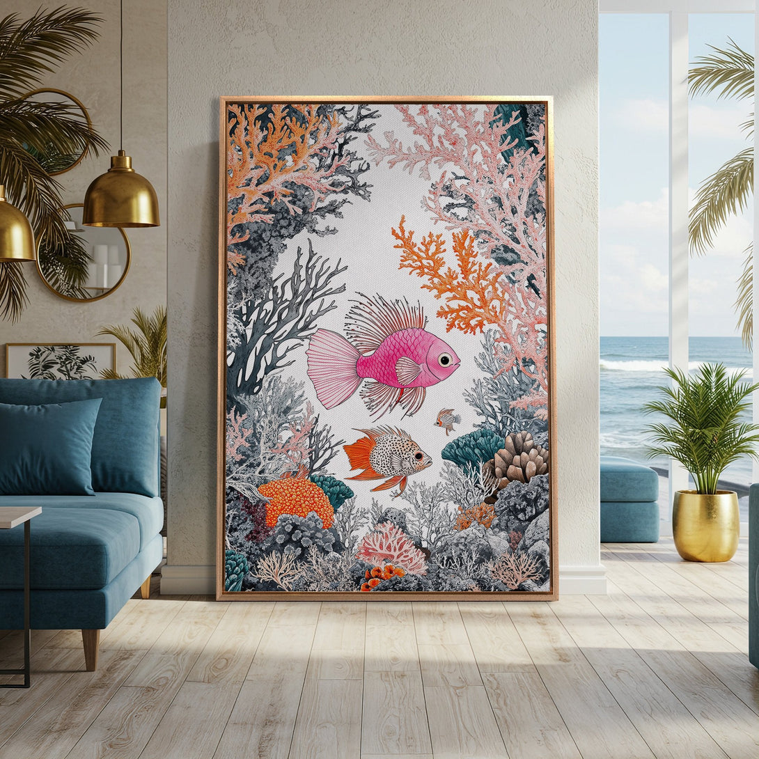 Framed Wall Art: Vibrant fish and coral reef art in a coastal interior. Features a pink, orange, and teal color palette, perfect for adding a pop of color.