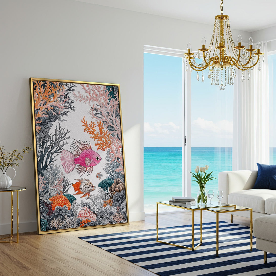 Canvas Print of vibrant fish & coral art, featuring pink, orange, and teal hues. Perfect for adding a splash of color to your coastal decor.