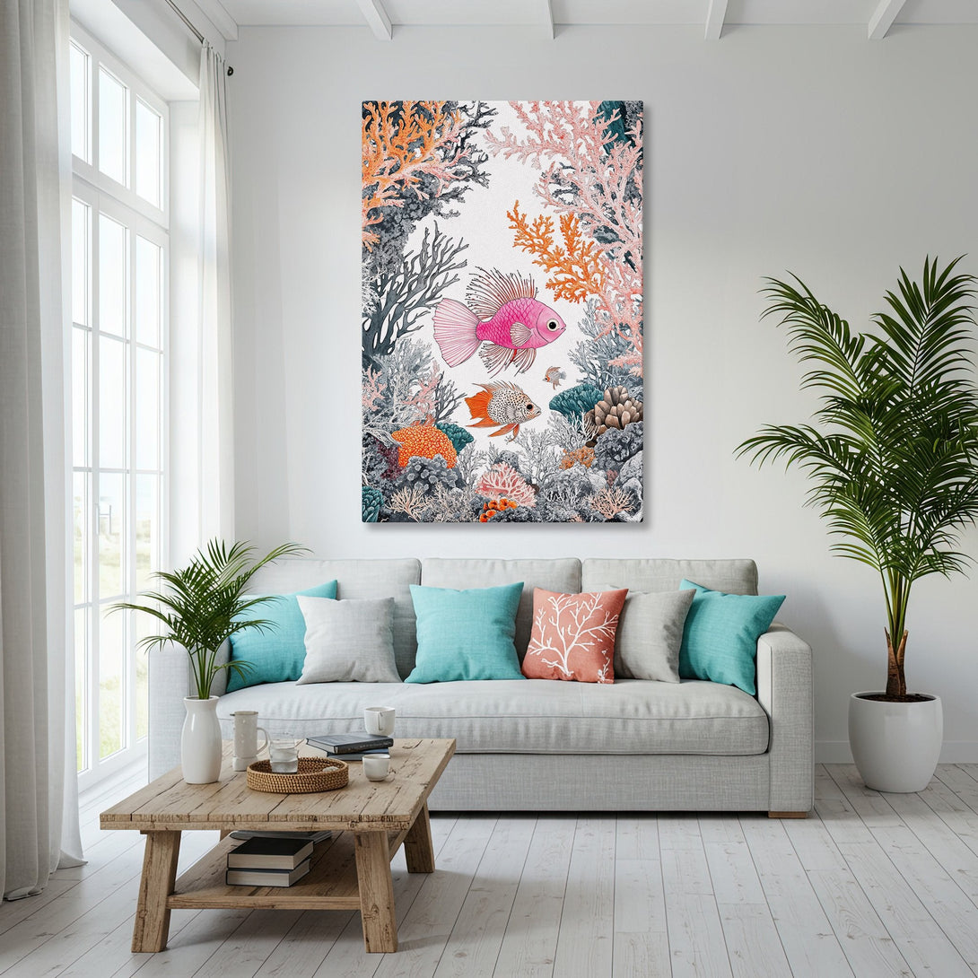 Framed Wall Art featuring colorful fish and coral in a coastal style. Perfect for adding a pop of color to your home decor. Coastal Canvas Print.