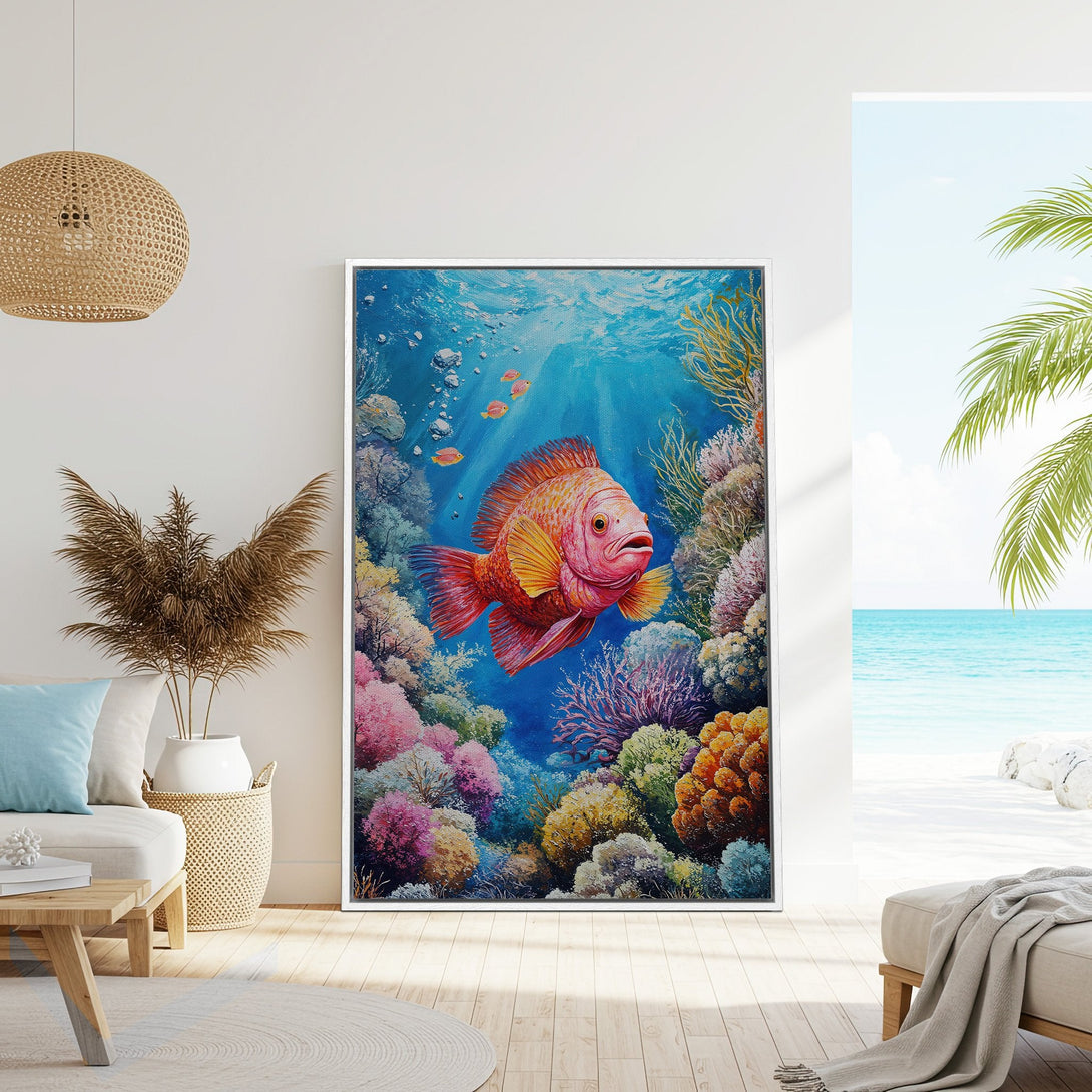 Framed Wall Art: Vibrant underwater scene with a colorful fish and coral reef. Coastal style art with a blue, orange, and pink color palette. Perfect for your home!
