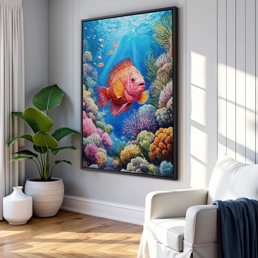 Framed Wall Art: Vibrant underwater scene with a colorful fish and coral reef. Beautiful blue, pink, and orange palette. Perfect for coastal decor.