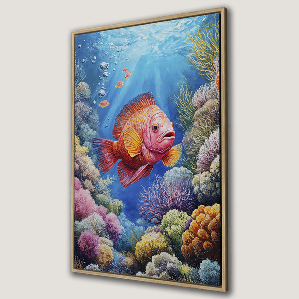 Framed Wall Art featuring a vibrant underwater scene with a red fish, coral, and a blue and colorful palette. Perfect for coastal decor!