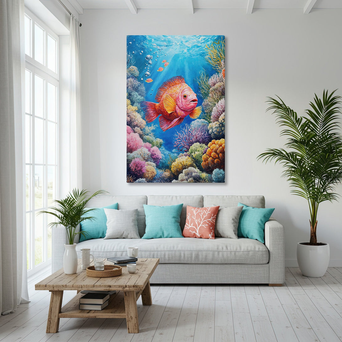 Framed Wall Art: Colorful fish painting in a coastal living room. Features vibrant coral reef scene with blue, pink, and gold hues. Perfect for beach decor.