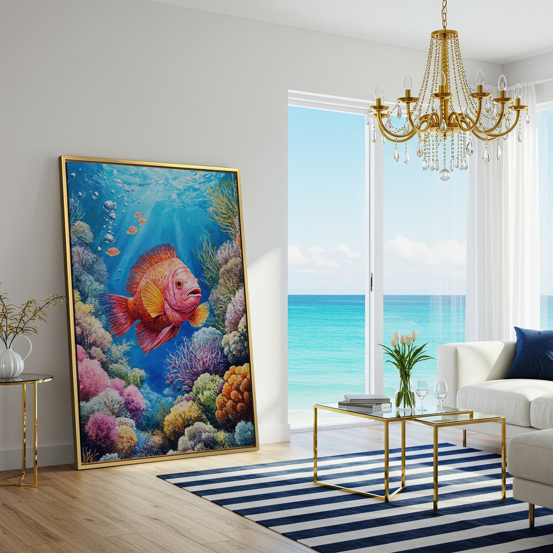 Canvas Print of vibrant coral reef and fish art, perfect for coastal decor. Features a colorful palette of blues, pinks, and oranges.