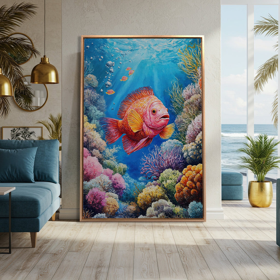 Framed Wall Art: Vibrant underwater scene with a red fish, coral, and blue hues. Perfect for coastal decor!