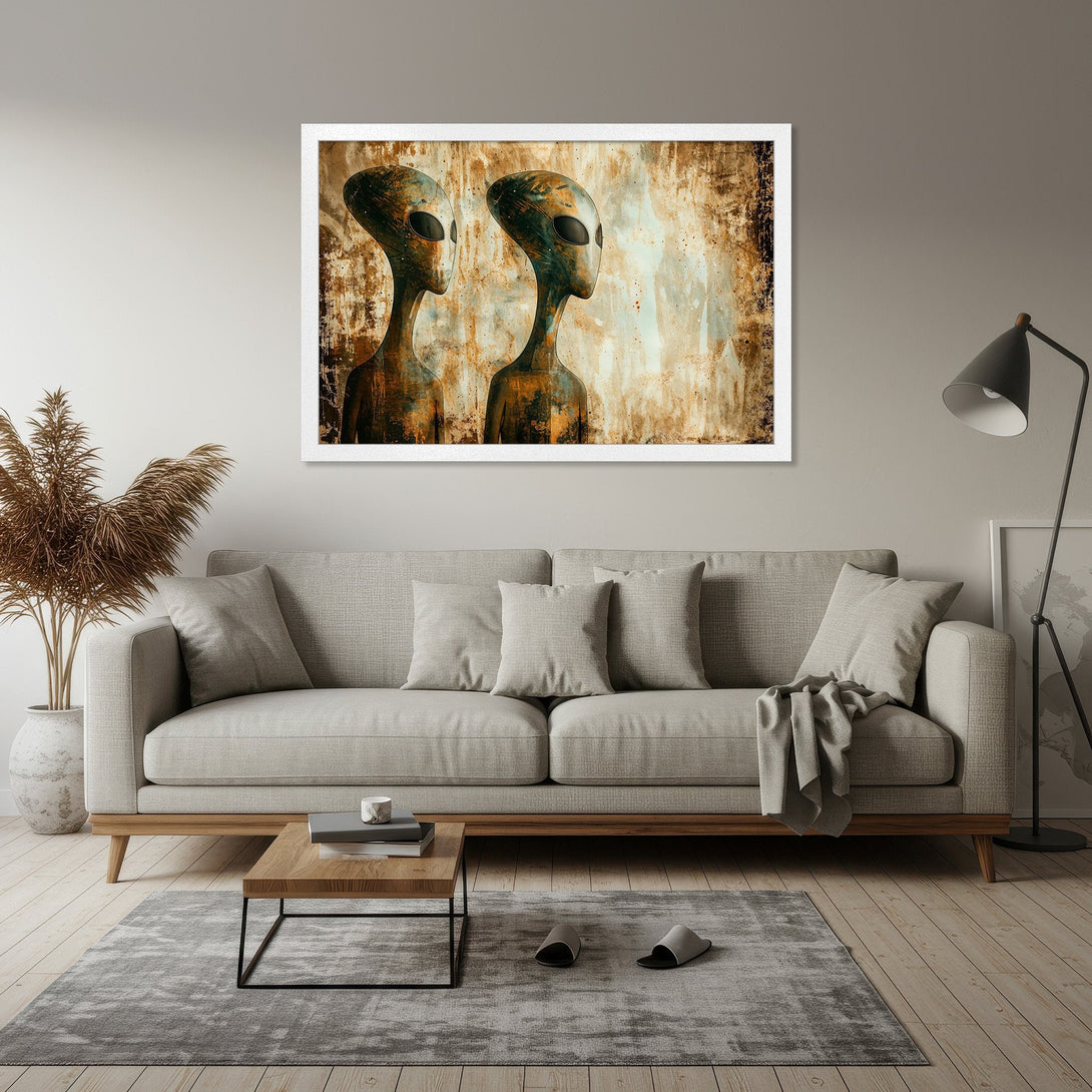 Framed Poster featuring alien art in a rustic style with a brown and teal color palette. Perfect for adding a unique touch to your space.