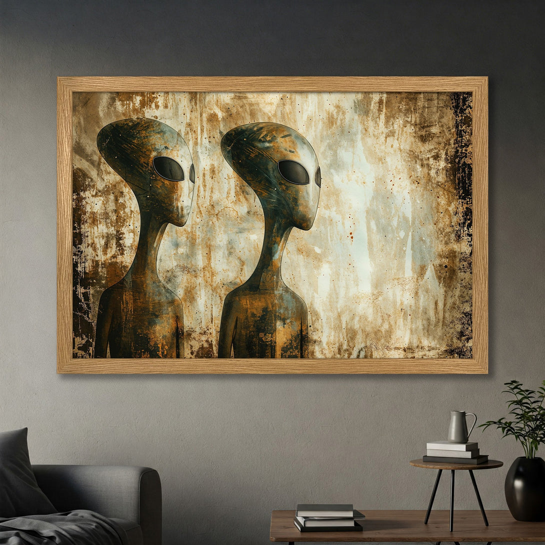 Framed Poster featuring two alien figures, vintage style, with a warm brown and beige color palette. Perfect for sci-fi art lovers!