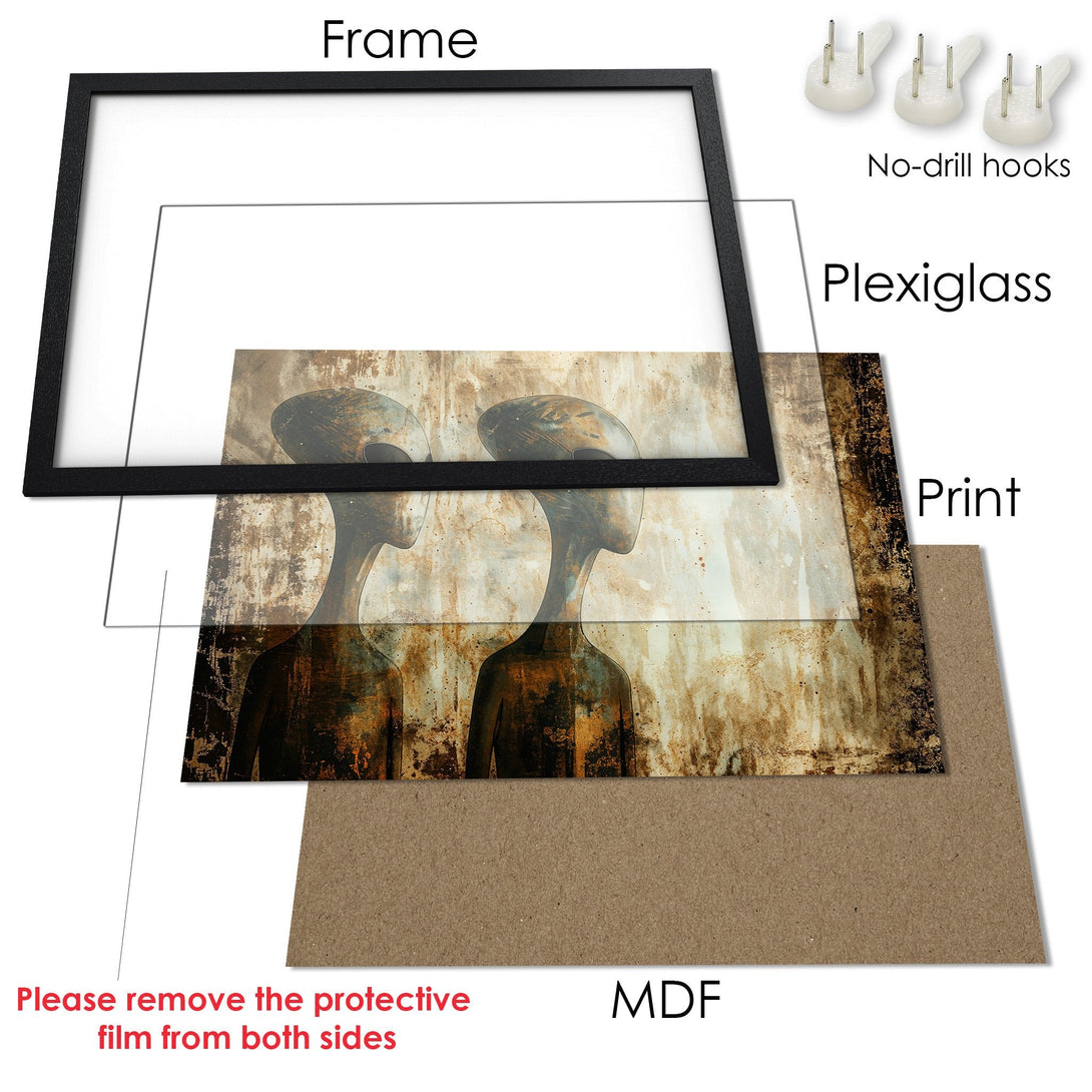 Framed Poster featuring alien figures in a rustic style with a brown and beige color palette. Perfect wall art for any space!