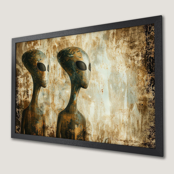 Framed Poster featuring alien artwork in a vintage style with a muted brown and green color palette. Perfect for home decor!