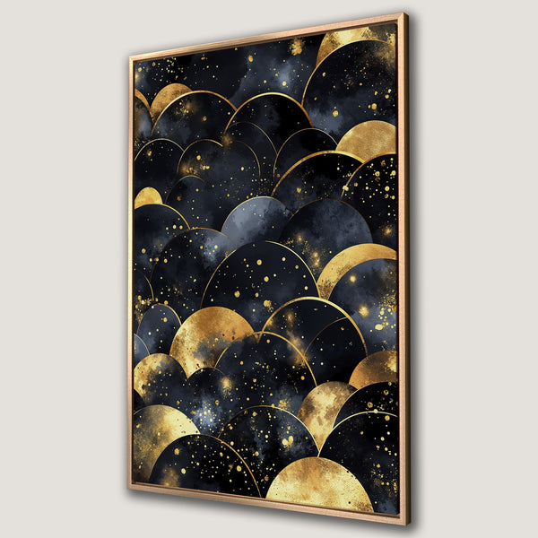 Framed Wall Art featuring an abstract gold and navy design. Modern canvas print with a luxurious, sophisticated style. Perfect for adding elegance to any space.