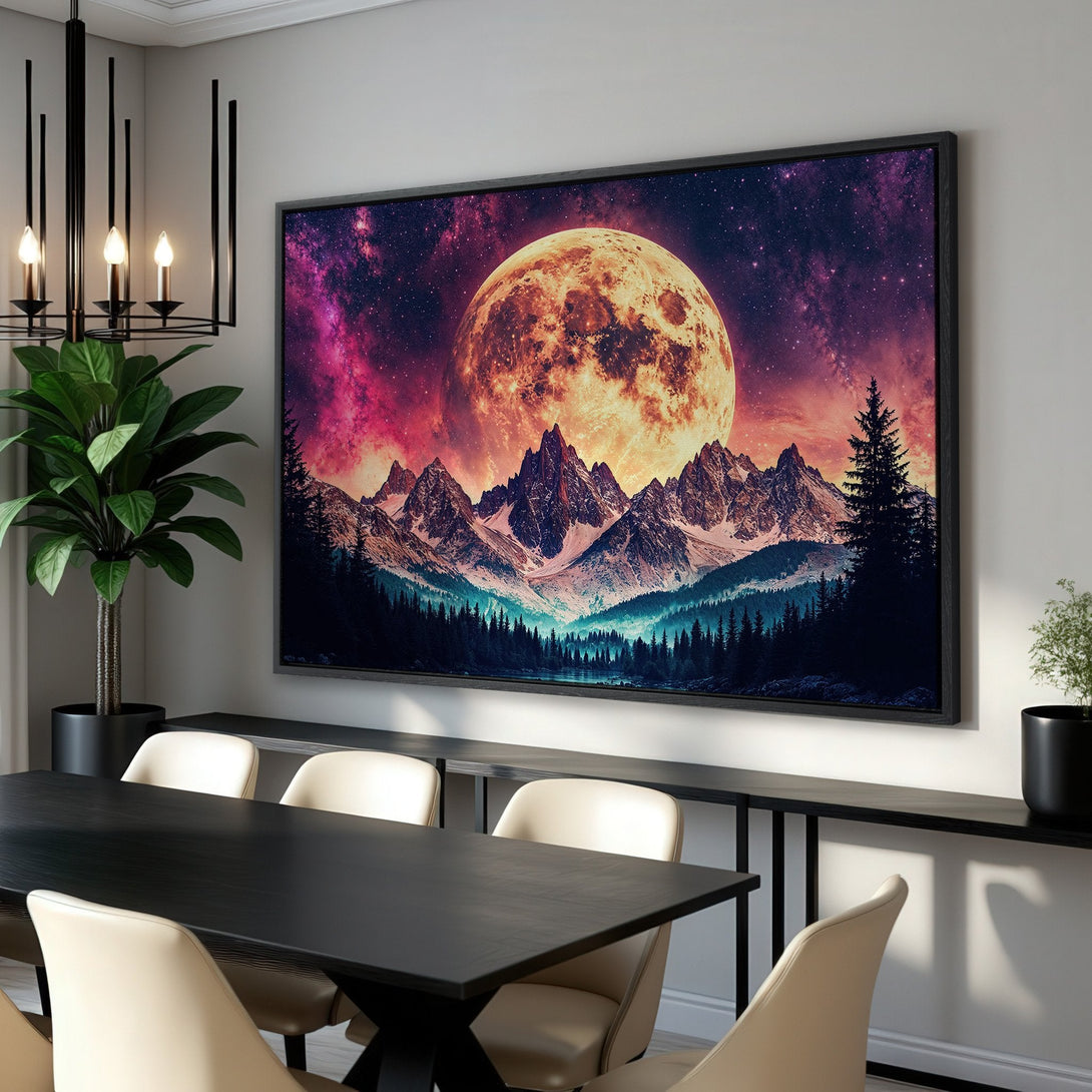 Framed Wall Art: Stunning mountain landscape Canvas Print with a vibrant celestial scene. Features a dramatic color palette of purple, orange, and blue. Perfect for any room!