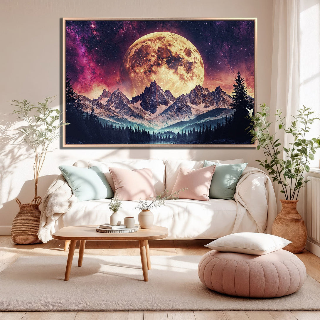 Framed Wall Art featuring a stunning mountain and moon landscape in vibrant purple, orange, and blue hues. Perfect for adding a touch of nature to your home decor.