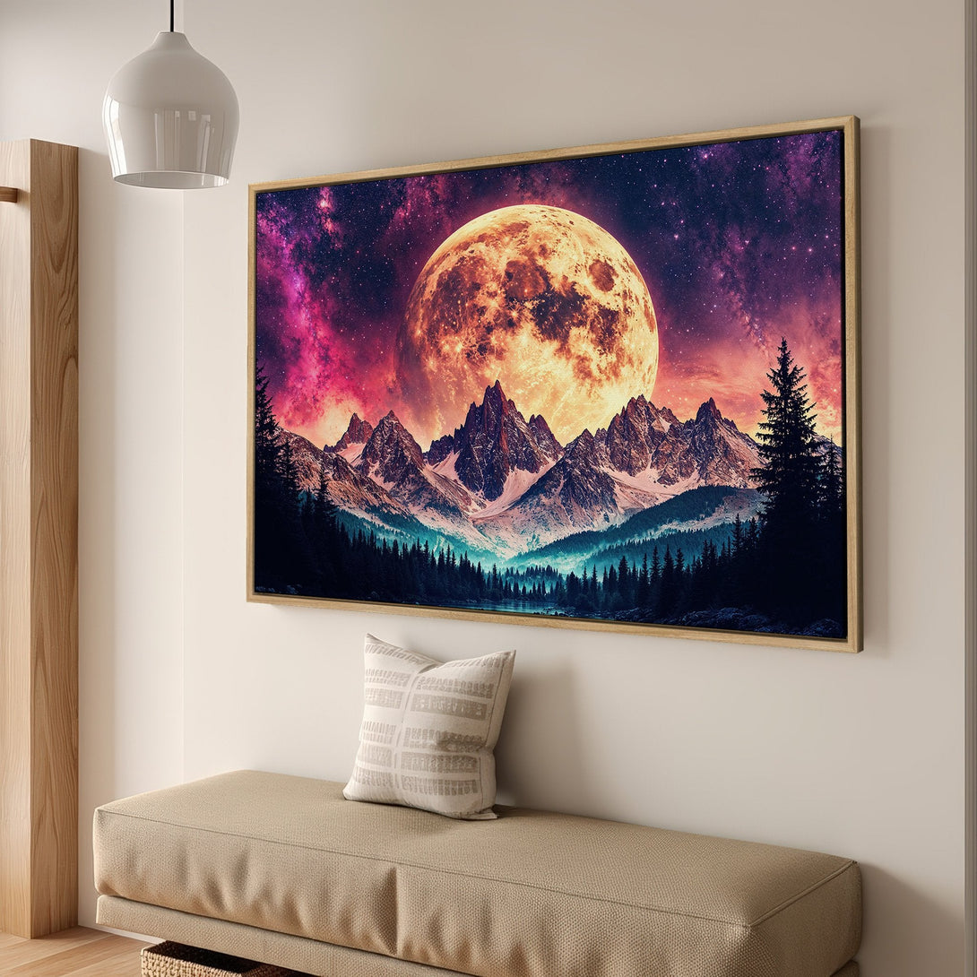 Framed Wall Art: Stunning mountain and moon landscape canvas print. Vibrant purple, orange, and blue color palette. Perfect for adding a touch of nature's beauty.