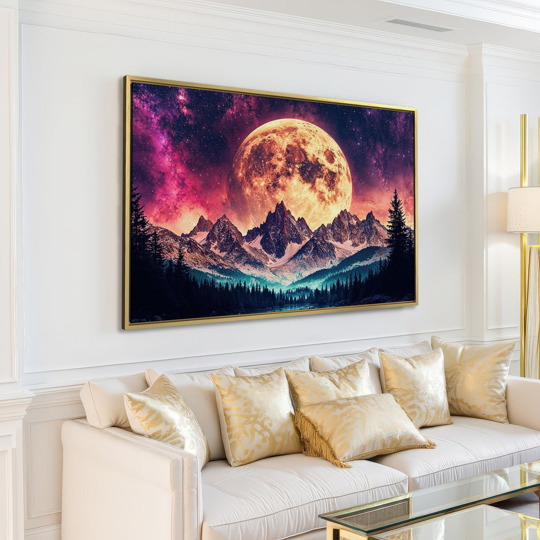 Canvas Print of a majestic mountain and moon landscape, featuring a vibrant purple and gold color palette, perfect for home decor.