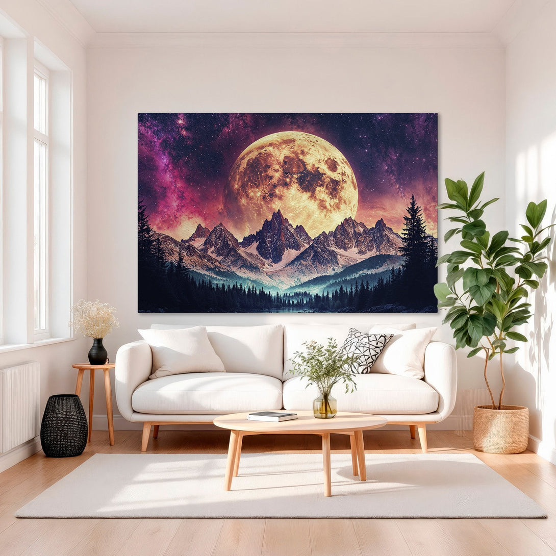 Framed Wall Art: Majestic mountain landscape Canvas Print with a vibrant pink, purple, and teal color palette. Perfect for adding a touch of nature to any space.