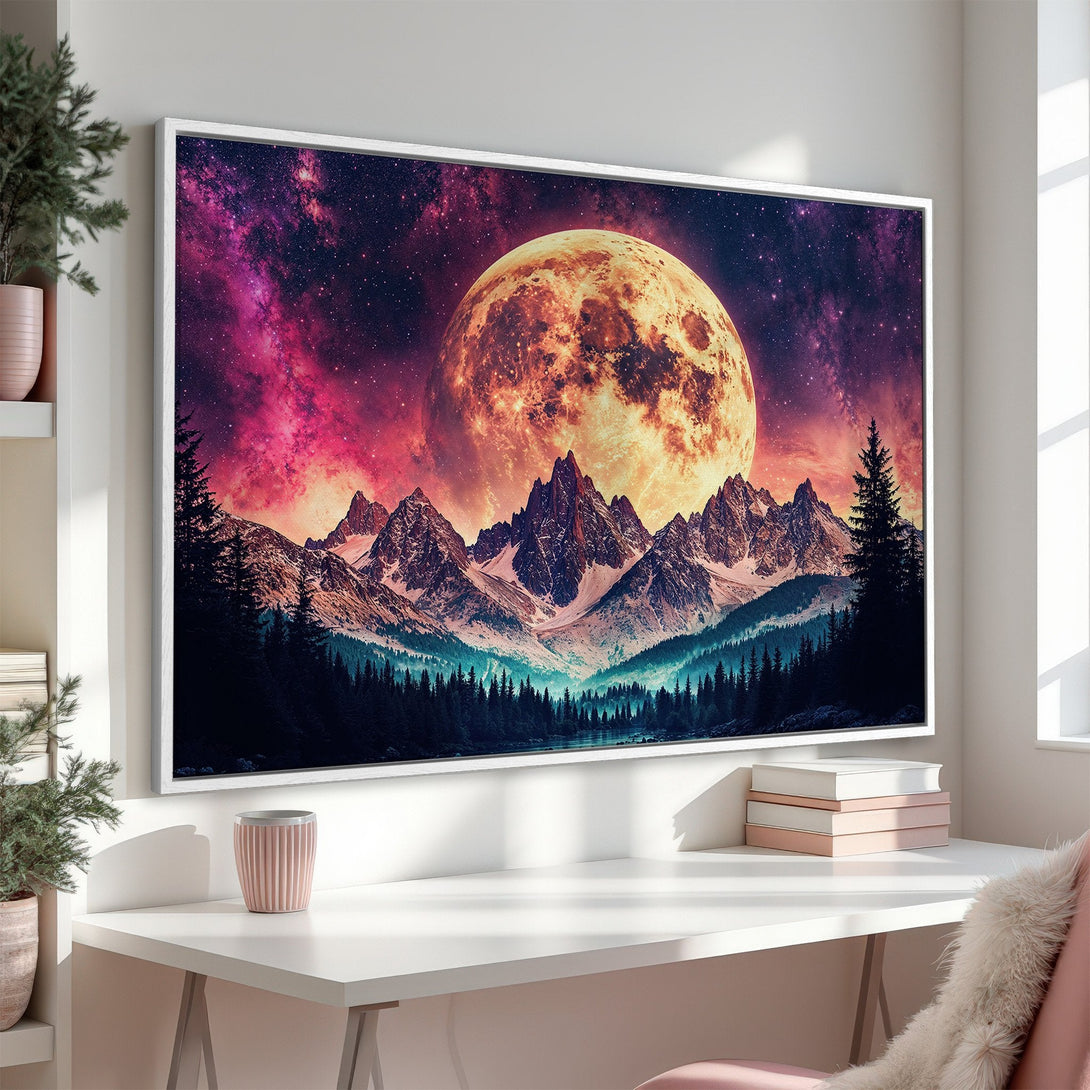 Framed Wall Art: Majestic mountain landscape with a vibrant moon and starry sky. Stunning Canvas Print in a dramatic, colorful palette. Perfect for any space!
