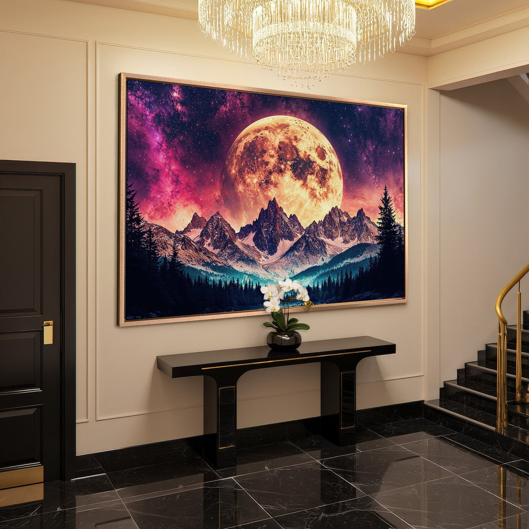 Framed Wall Art: Majestic moon and mountain landscape Canvas Print. Stunning celestial scene in purple, orange, and teal hues. Perfect for home decor.