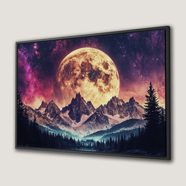 Framed Wall Art: Majestic mountain landscape with a vibrant moon, starry sky, and a rich, warm color palette. Perfect for any space!