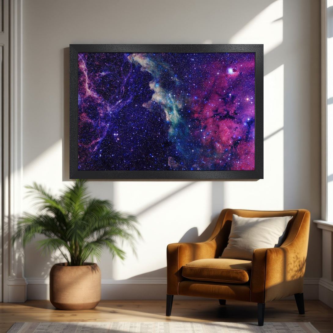 Framed Poster featuring a vibrant nebula in purple, blue, and pink hues. Perfect for adding cosmic art to your home decor.
