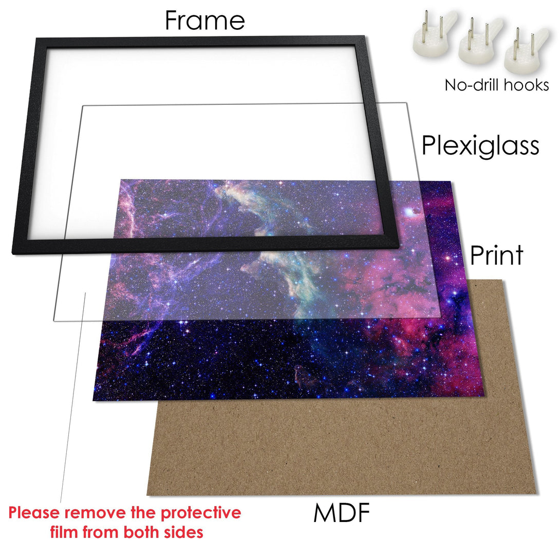 Framed Poster featuring a vibrant galaxy design in purple and blue hues. Perfect wall art for your home!
